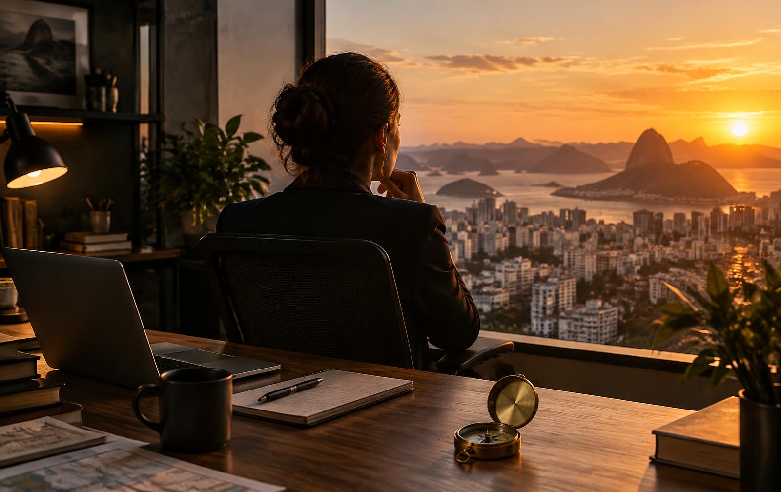 Profissional observa novas possibilidades de carreira diante da cidade, com uma bússola sobre a mesa