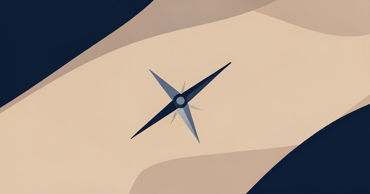 Ilustração de uma agulha de bússola sobre formas em areia e azul-marinho